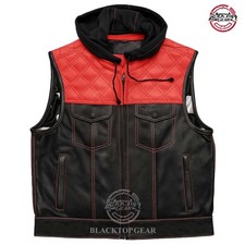Hunt Club Style Men  s Black Perforated Leather Motorcycle Vest w/ Removable Hood