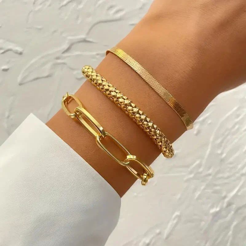 3-Pieces Set: Vintage Golden Color Snake Bone Chain Multilayer Bracelet