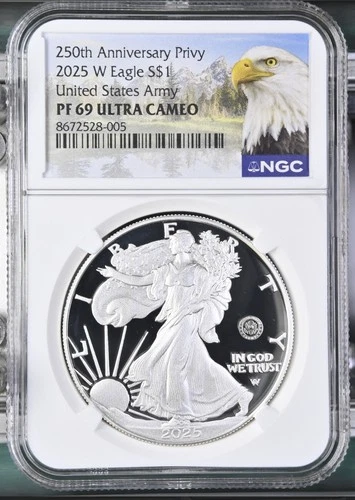 2025-W Proof $1 American Silver Eagle Army Privy NGC PF69UC 250th Mountains Labe
