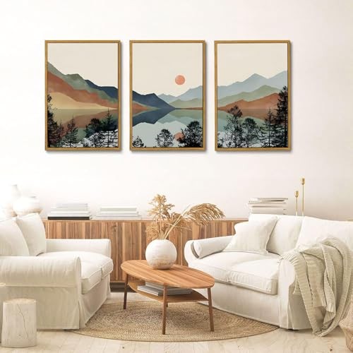 Framed Mountain Wall Art Nature Landscape Watercolor Sun Forest Canvas Picture - Picture 7 of 8