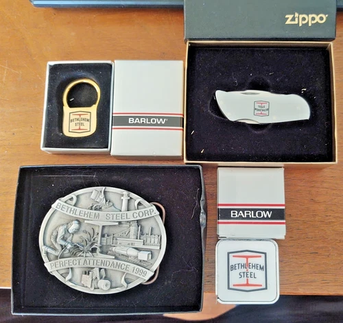 4 Piece Lot Bethlehem Steel Employee Awards & Gifts , Zippo Barlow ,Belt Buckle