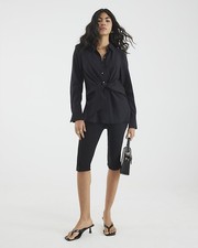 River Island Womens Shirt Black Long Sleeve Tie Waist Collared Buttons Top