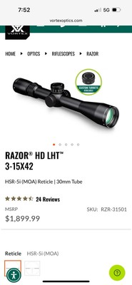 Vortex Razor HD LHT 3-15x42 HSR-5i MOA Riflescope - RZR31501