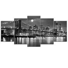 - 5 Piece Brooklyn Bridge Full Moon Canvas Wall Art Black and White New York ...