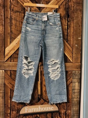 American Eagle Distressed Jeans Size 2 Super High Rise Baggy Straight NWT $60