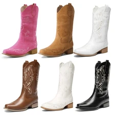 Women Cowboy Boots Mid Calf Cowgirl Boots Square Toe Western Boots
