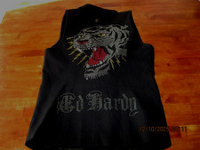 Vintage 90s ED HARDY Womens M Vest Jacket Crystal Studded Lion Tattoo Punk RARE
