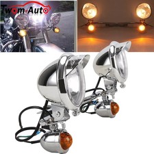 Chrome Motorcycle Passing Bar Turn Signals Lamp Driving Fog Spot Light Bar Kit