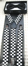 BLACK TUXEDO ADJUSTABLE BOW TIE+BLACK&WHITE CHECKER ADJUSTABLE SUSPENDERS COMBO!