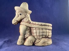 Vintage Unglazed Pottery Painted Stoneware Donkey and Cart Flower Planter