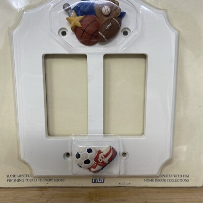 Vtg Sports Theme Double Rocker White Wood Switchplate Figi Cleats Soccer Balls