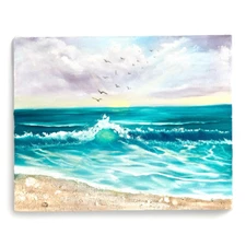Coastal Seascape Painting w/ Real Shells 16x20" Beach Art Canvas Ocean Wave 90s