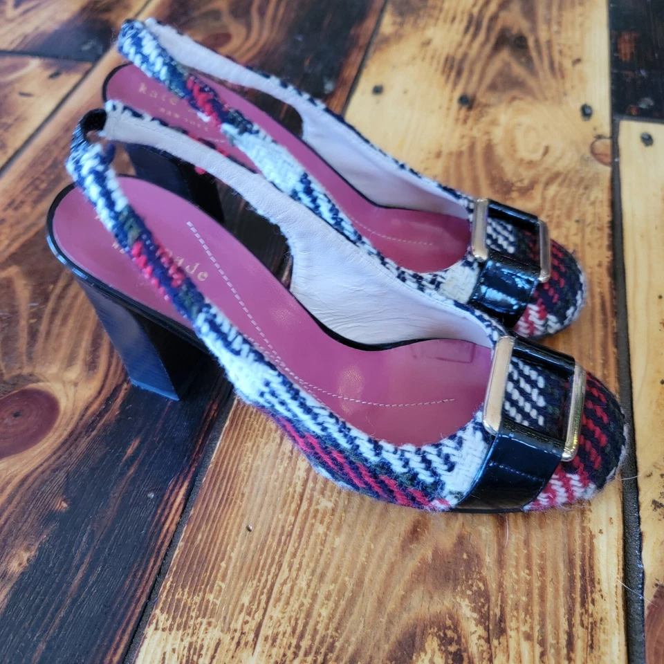 Kate Spade New York Kassie Plaid 6.5 B Slingback Pumps Made in Italy - Image 4 of 4