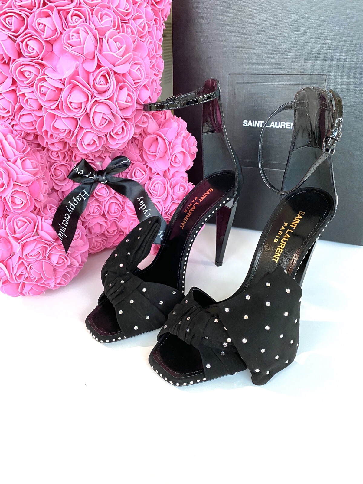 SCARPE SANDALO SAINT LAURENT FREJA NERE SCAMOSCIATE FIOCCO CRISTALLO STRASS PUNTA APERTA 37 NUOVE CON SCATOLA