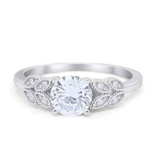 Art Deco Flower Style Engagement Ring Round Cubic Zirconia 925 Sterling Silver