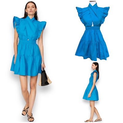 Line and Dot Womens Celeste Mini Dress Blue Ruffle Cotton Tiered Cutout XS  | eBay