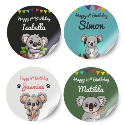 Personalisierte Aufkleber Koala Design beliebiger Name Geburtstag Party Deko Etikett 48