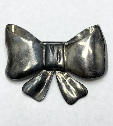 Vintage Silver Large Bow Ribbon Brooch Pin