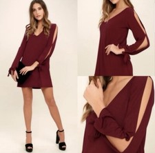 Lulus Glory Of Love Burgundy Wine Split Sleeve Tie Wrist Shift Dress Size Medium