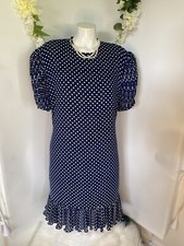 Mark Shaw 1980s Navy White Polka Dot Shift Dress Pleated Sleeves Hem Size M/L