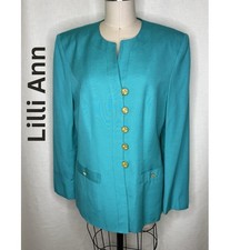 Lilli Ann Teal Silk Blazer Gold Button Vintage Jacket EUC