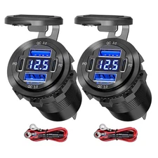 2Pcs 4 Port Dual PD & QC3.0 Outlet Socket Aluminum USB C Car Charger for Boat RV