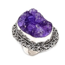 Natural Amethyst Druzy Gemstone 925 Sterling Silver Jewelry Ring Size 8 Gift c89