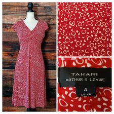 Tahari Arthur S Levine Dress 4 Twist Front Cap Sleeve Red White Print Stretch
