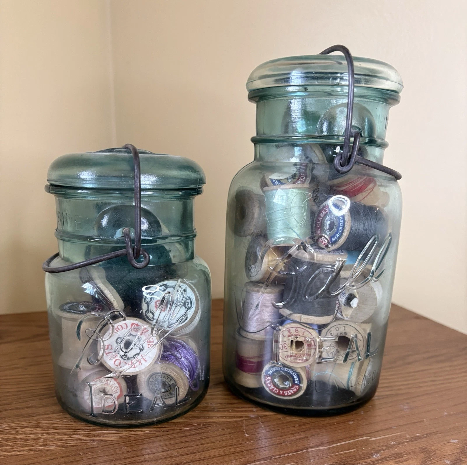 Vintage Green Glass Bail Lid Jars w/ Thread Spools Lot | Sewing Decor