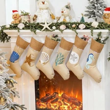Set of 6 Ocean Coastal Sea Beach Christmas Stockings 18 x 11 Inch Burlap Chri...