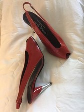 Vintage CHARLES JOURDAN Heels Red Patent W/Clear Sides Silver Slash And Peep Toe