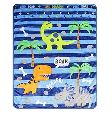 Everyday Kids Blue Stripe Dinosaur Baby Blanket Toddler Soft Polyester Roar NEW