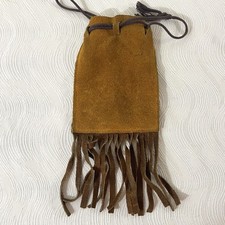 Vintage Brown Suede Leather Drawstring w/ Fringe Pouch Bag