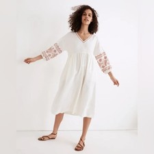 NWT Madewell Embroidered-Sleeve Popover Midi Dress cream color women size small