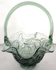 Fenton Art Glass Inverted Strawberry Teal Green Handled Basket Ruffled Edge
