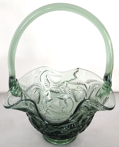 Fenton Art Glass Inverted Strawberry Teal Green Handled Basket Ruffled Edge