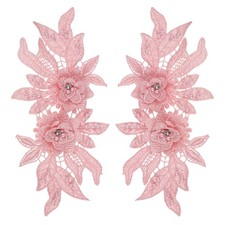 2 Pack 10x5 Inches 3D Flower Lace Applique with Rhinestone for Wedding, Pink