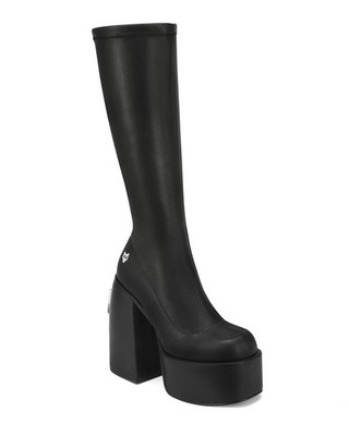 Naked Wolfe Black Knee High Platform Block Heel Boots Women's Size 8 Logo Accent