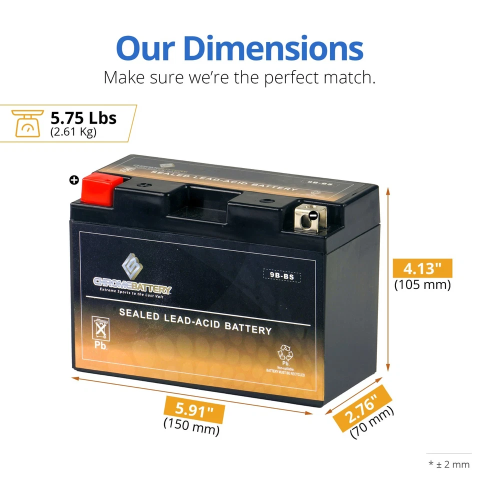 Batería Cromada YT9B-BS Batería AGM Recargable para Yamaha Raptor 700, R, R SE Foto 2 de 4