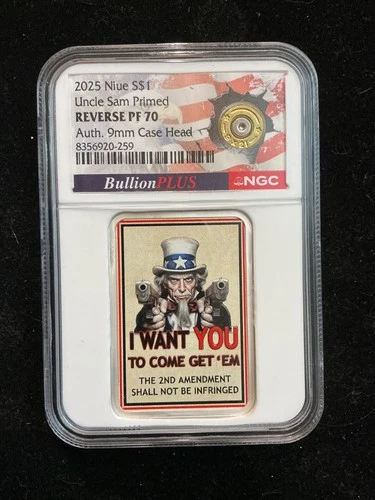 2025 Silver $1 NIUE Rev PF70 NGC Uncle Sam Primed Auth 9mm Case Head BULLIONPLUS