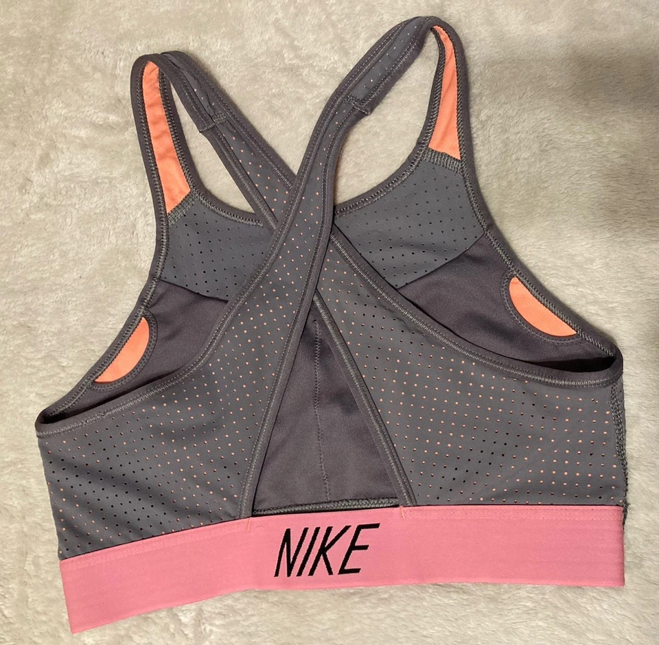 Sutiã esportivo Nike Cross Back cinza Dri Fit tamanho pequeno com detalhes laranja neon - Imagem 3 de 4