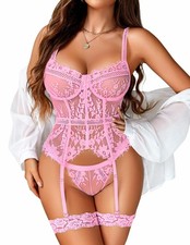 Lingerie for Women Lace Corset and Panty Garter Lingerie Sets Pink