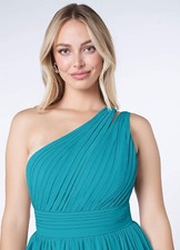 Azazie Molly Dress Womens Size A12 Jade Asymetrical Sleeve Bridesmaids Long