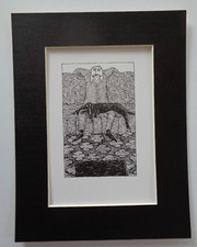 Edward Gorey Pencil Drawing Illustration Man Hound Dog Lap Print Art 5x7 Matted