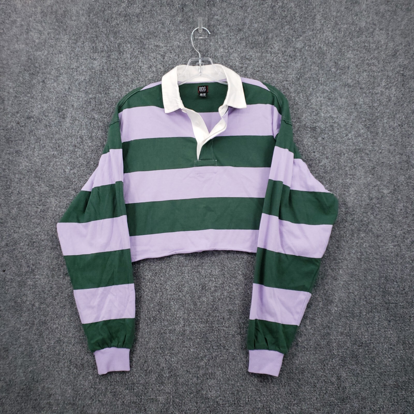 BDG Womens Cropped Polo Shirt Green Purple Striped Long Sleeve Casual Top XS-image
