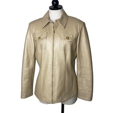 St. John Sport By Marie Gray Jacket Womens Size Small Beige Leather Irridescent