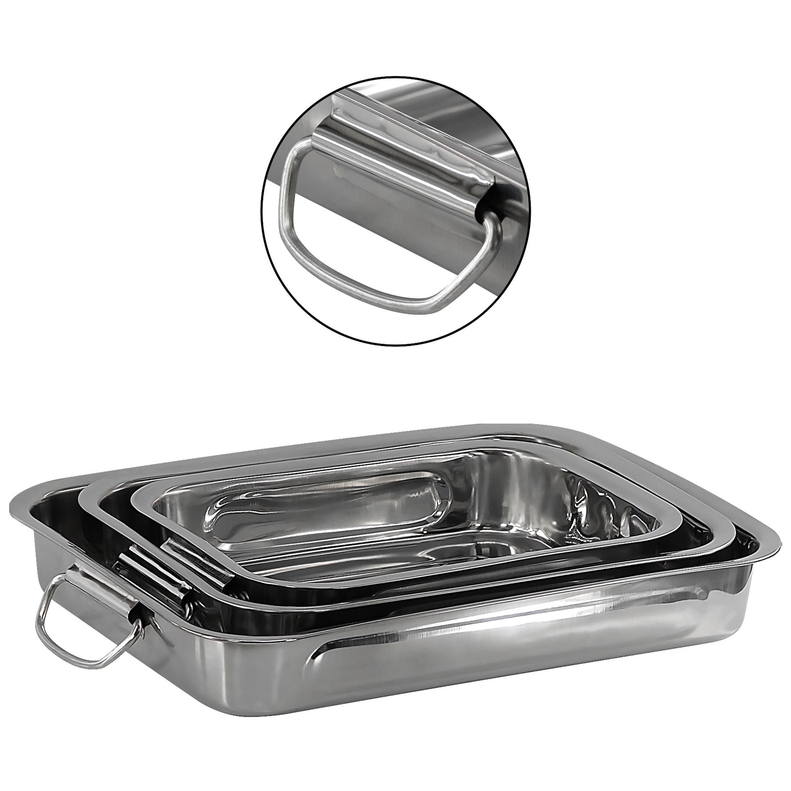 Set of 3 Stainless Steel Roasting Trays Pans Bakeware Dishwasher Safe
