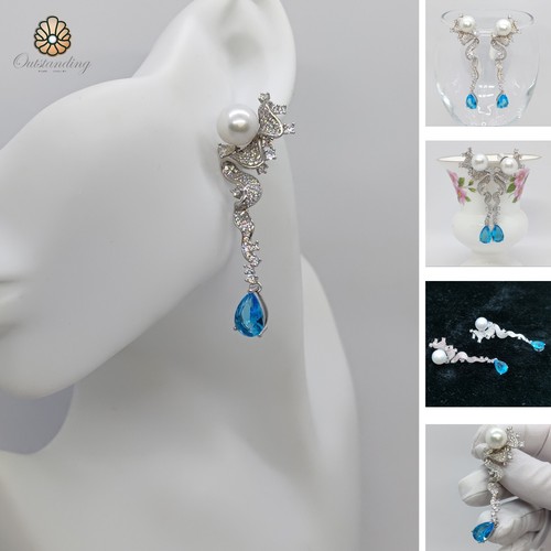 Genuine Huge Natural 14mm White Sea Pearl Earrings Drop PT950 Platinum Diamonds - Picture 4 of 24