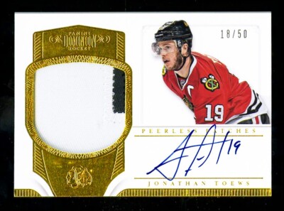 2013 PD GAME WORN TWO COLOR PATCH JONATHAN TOEWS ON CARD HARD SIGNED AUTO 18/50