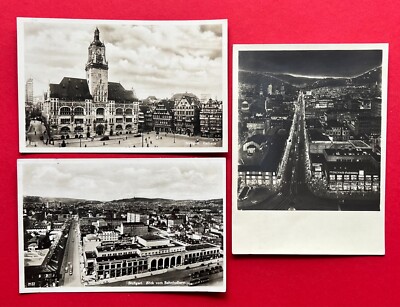 3 x Photo Postcard Stuttgart 1932 City Hall, View from the Station Tower in the Evening (114942
